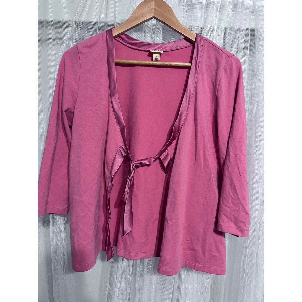 Linden Hill Pink 3/4‎ Sleeve Tie Front Cardigan Sweater Satin Trim Medium